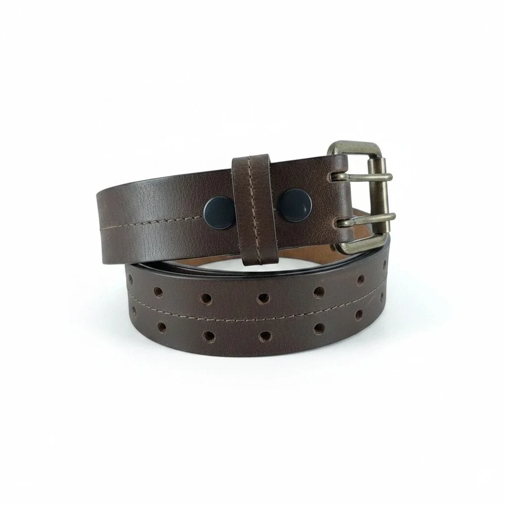 Hand Crafted Double Prong Men 36 Brown Leather Belt Antique Brass Buckle
